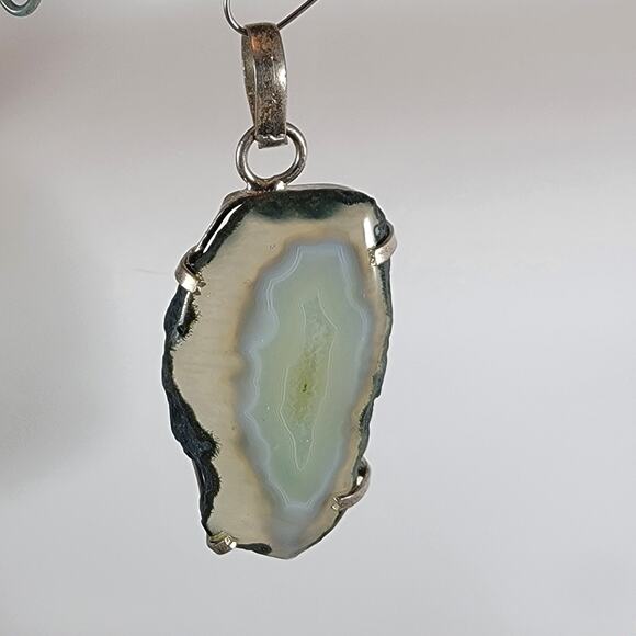 Green Agate Stalactite Pendant – Raw Slice Necklace + 20" Silver Snake Chain - Picture 1 of 10